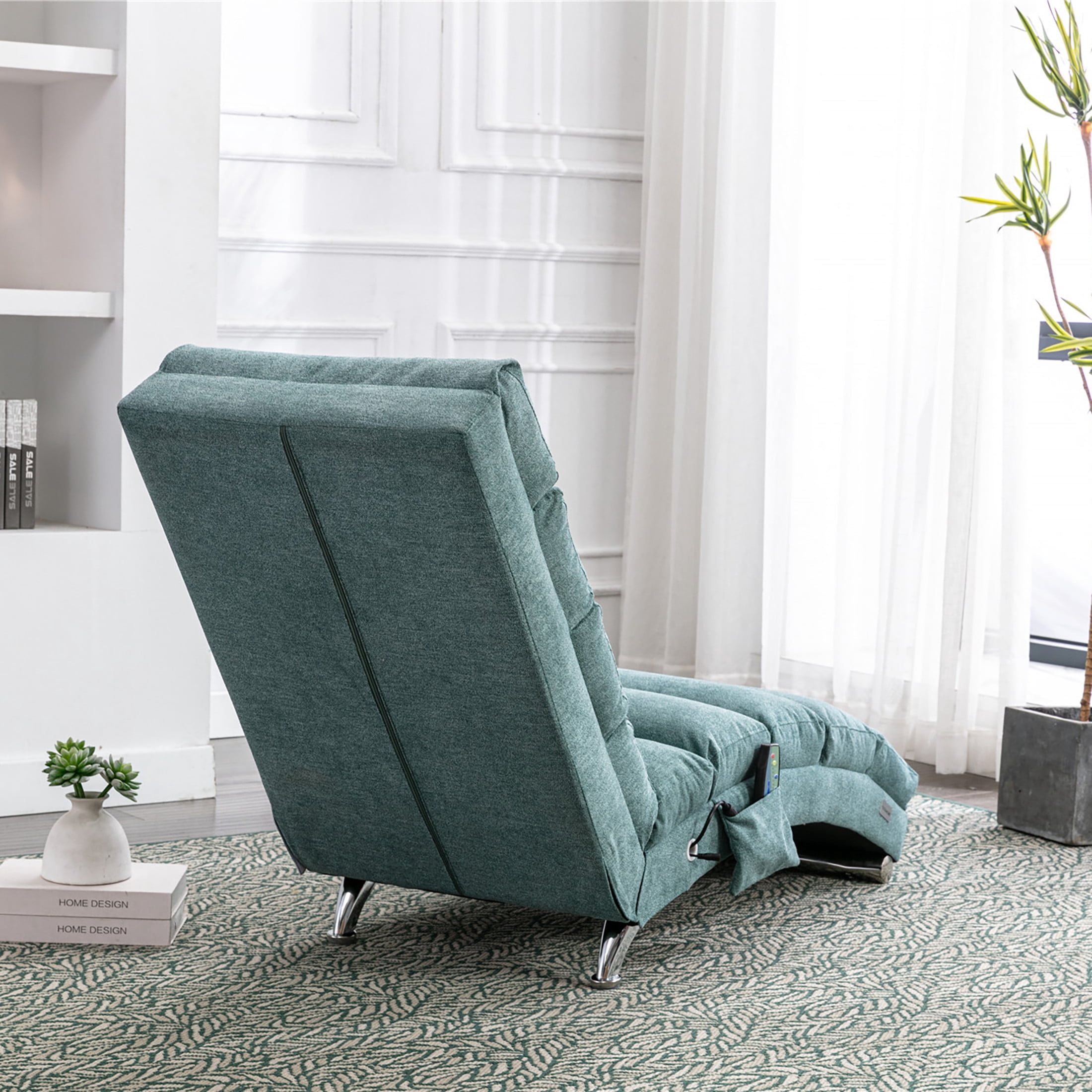 Noble House Upholstered Chaise Lounge Chair with Vibration, Linen Fabric Leisure Recliner, Teal