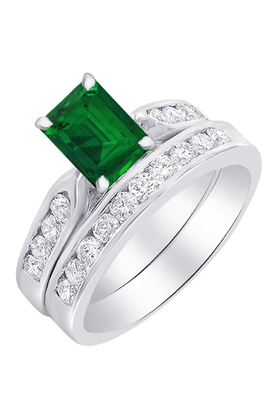 1 Carat Emerald LAB GROWN Emerald and LAB GROWN Diamond Wedding Bridal Set (0.5ct Center, AAAA Heirloom Quality) RISV24W3AM 14K White Gold