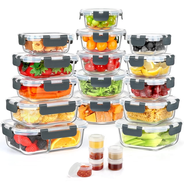 AMALEKO 42pcs Glass Food Storage Containers with Lids Set, 21 Containers & 21 Lids Glass Meal Prep Containers with Snap Locking L