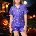 thumbnail image 2 of Cdudpw Halloween Pajamas Toddler Girl Print Halloween Pajama Set Short Sleeve Button Down Shirt Fall 2 Piece Outfits(A017-Purple), 2 of 5
