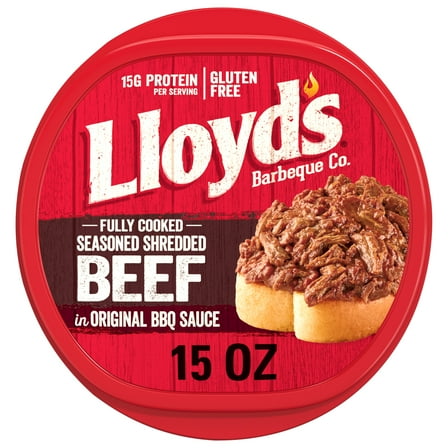 LLOYD'S Seasoned and Shredded Beef in Original BBQ Sauce, 15 grams Protein Per Serving, Refrigerated, 15 oz Plastic Tub