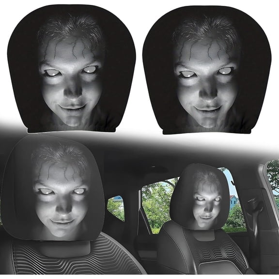 2 Pack Scary Headrest Covers for Cars, Upgraded Snug Fit Car Headrest Cover, Breathable Polyester Spooky Ghost Face Auto Seat Protector for Halloween Car Decorations & Vehicle Accessories