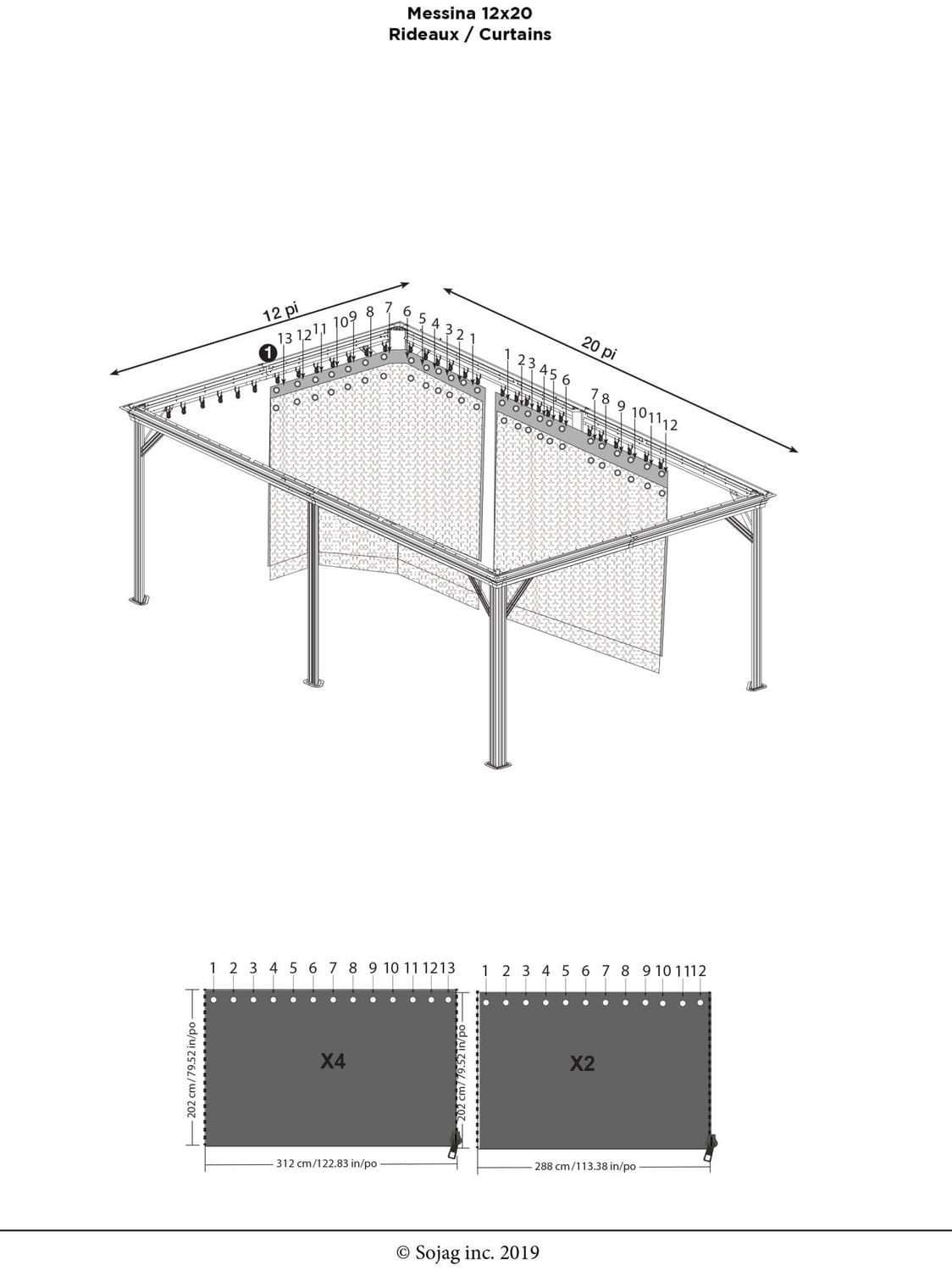 Sojag Grey Curtains for Monaco/Messina Gazebos, 12 x 20 ft., Outdoor Shades