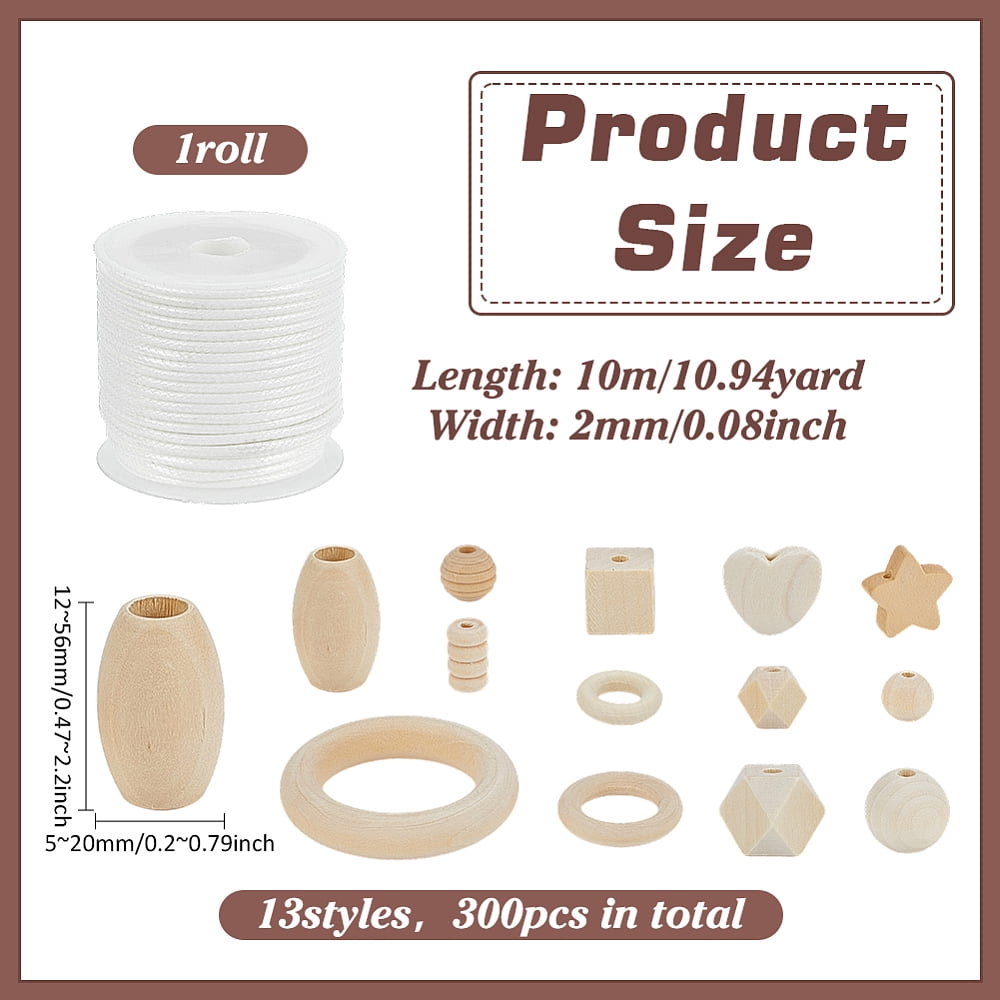300pcs 8 Shapes Wooden Beads 12~56mm Unfinished Wood Beads Craft Beads Natural Wooden Spacer Beads with 2mm White Waxed Cord