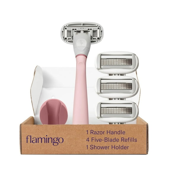 Flamingo 5-Blade Razors for Women - 1 Razor Handle + 4 5-Blade Refills + 1 Shower Holder - Rose