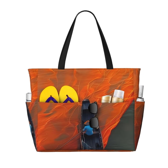 Fotbe Orange Net Fishing Boat Bolsa de Viaje para Playa - Resistente al Agua, Bolsa Tote de Gran Capacidad y Ligera con 7 Bolsillos para Mujeres y Hombres