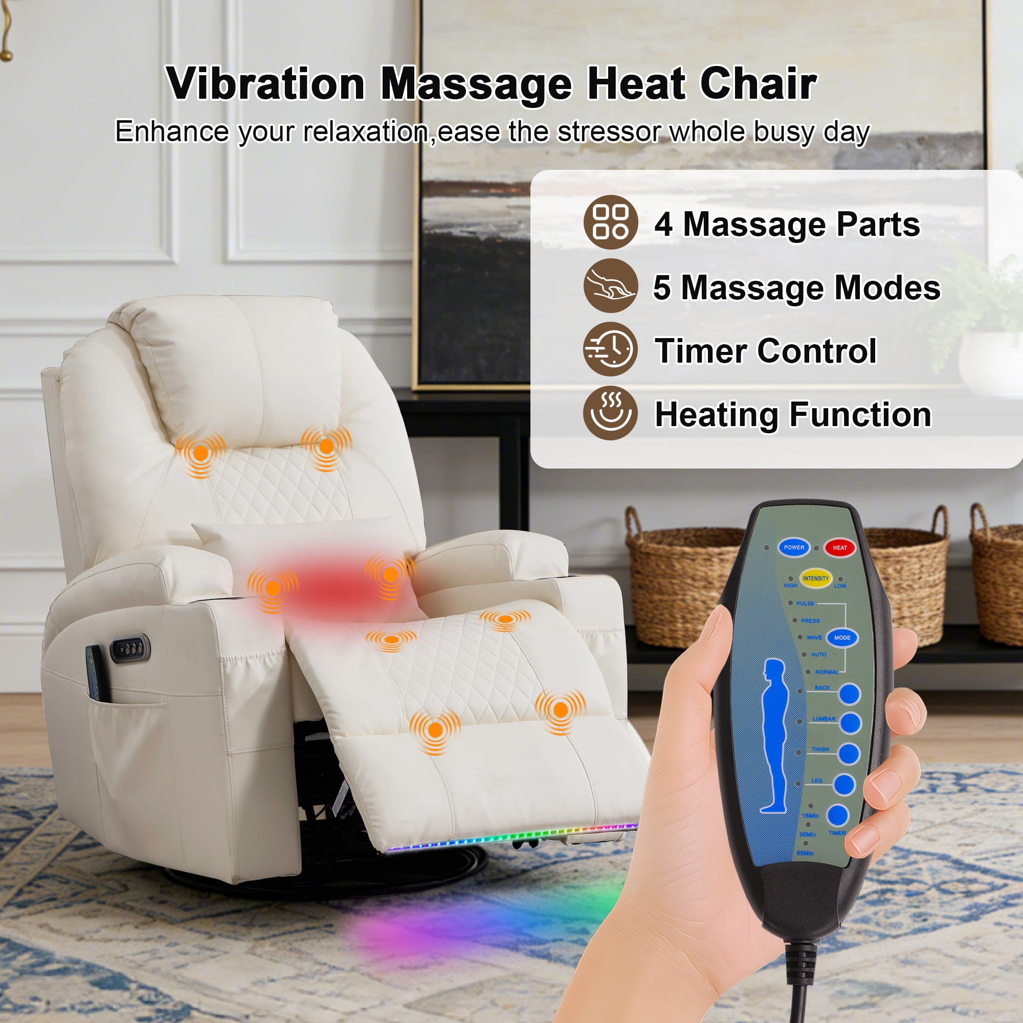 Dual Motor Power Swivel Rocker Recliner Chair for Adults with Heat and Massage, Electric Wall Hugger Rocking Recliner for Nursery Living Room with LED Lights, USB A&C Ports