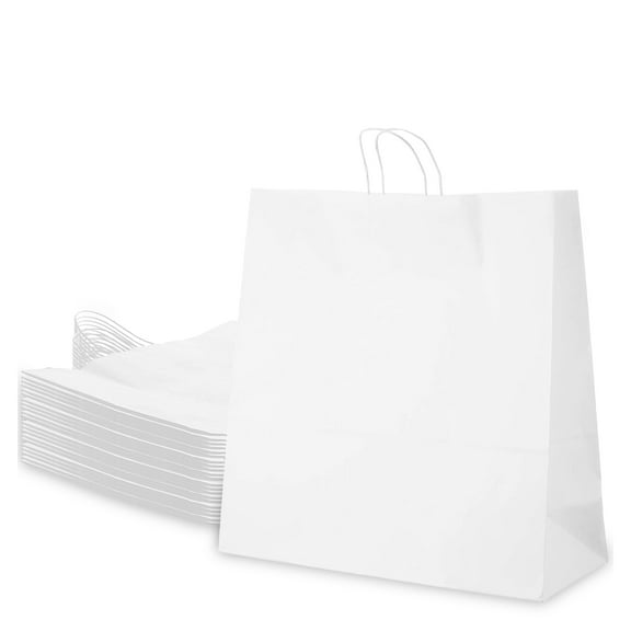 [50 COUNT] 13x7x17 inches Large White Kraft Paper Bags with Handles, Shopping, Gift Bags, Party, Retail, Merchandise, Lunch Bags, Grocery Bags, Strong, Reusable, Durable, Ecofriendly by EcoQuality
