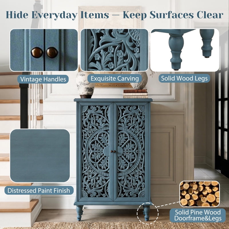 Freestanding Accent Storage Cabinet with Hollowed Out Carved Double Door, Farmhouse Display Buffet Chest with Adjustable Shelf