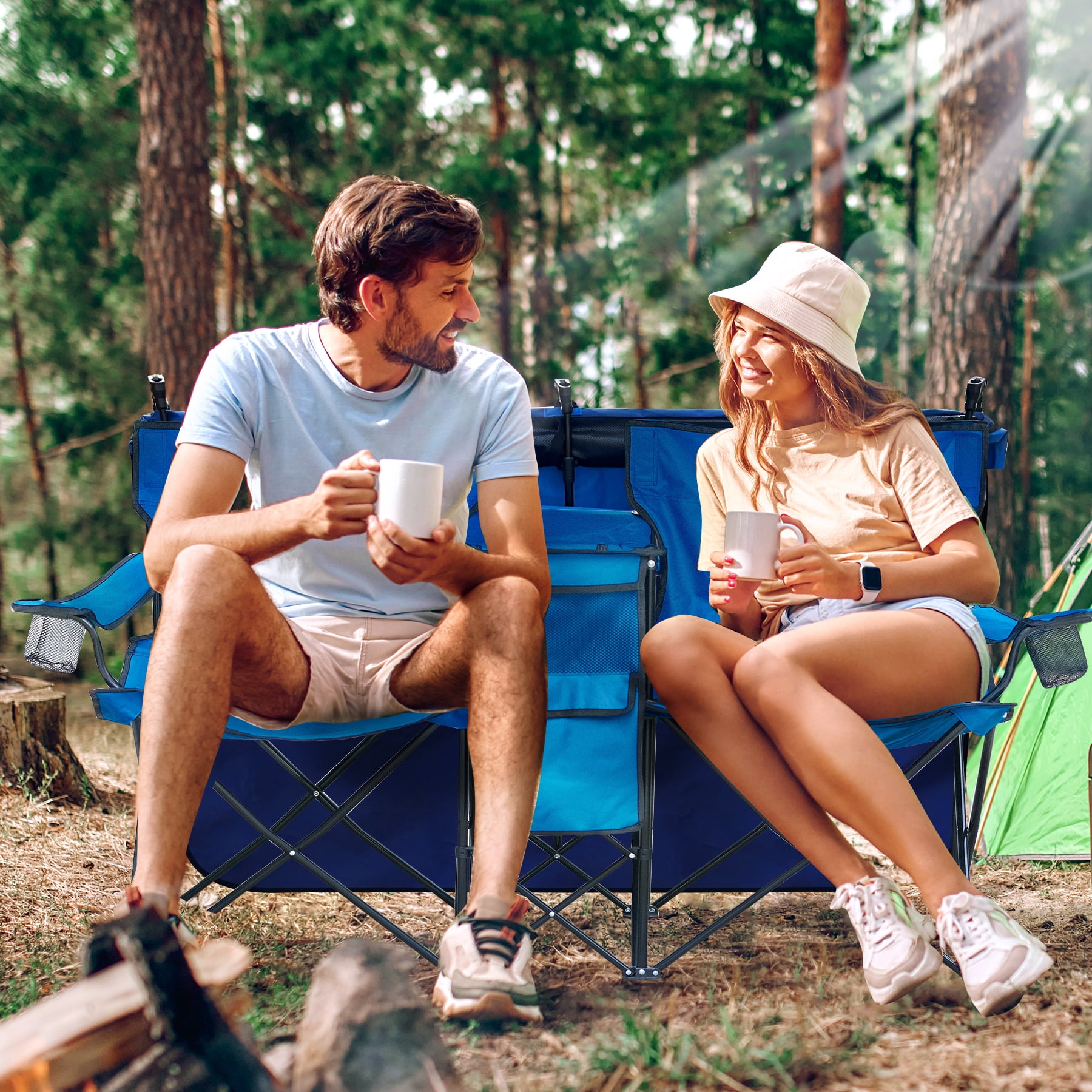 WTVIDAS Double Beach Chair with Canopy Shade Oversized Camping Chairs with Cup Holder Cooler Bag Folding Loveseat Chairs for Camping Beach Lawn