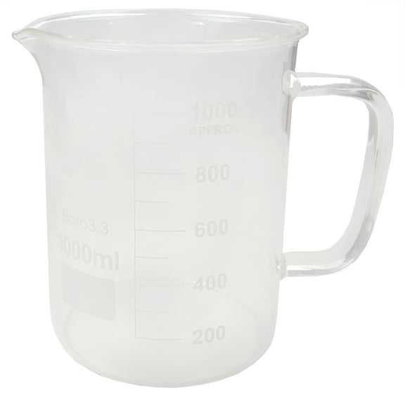 Beaker Mug 1000ml with Handle and Pour Spout Borosilicate Glass.