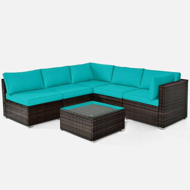 Patiojoy Ensemble de Conversation Sectionnel de Patio en Osier 6 Pcs avec Table à Café et Coussins de Siège Turquoise
