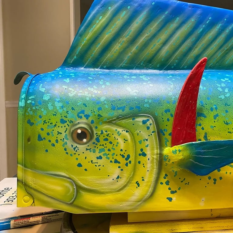 decorative metal fish box French Coastal Charm Fish-Shaped Tin Gold Accents Available in pink rainbow or white with elegant gold handles. Generic Large Metal Mailbox