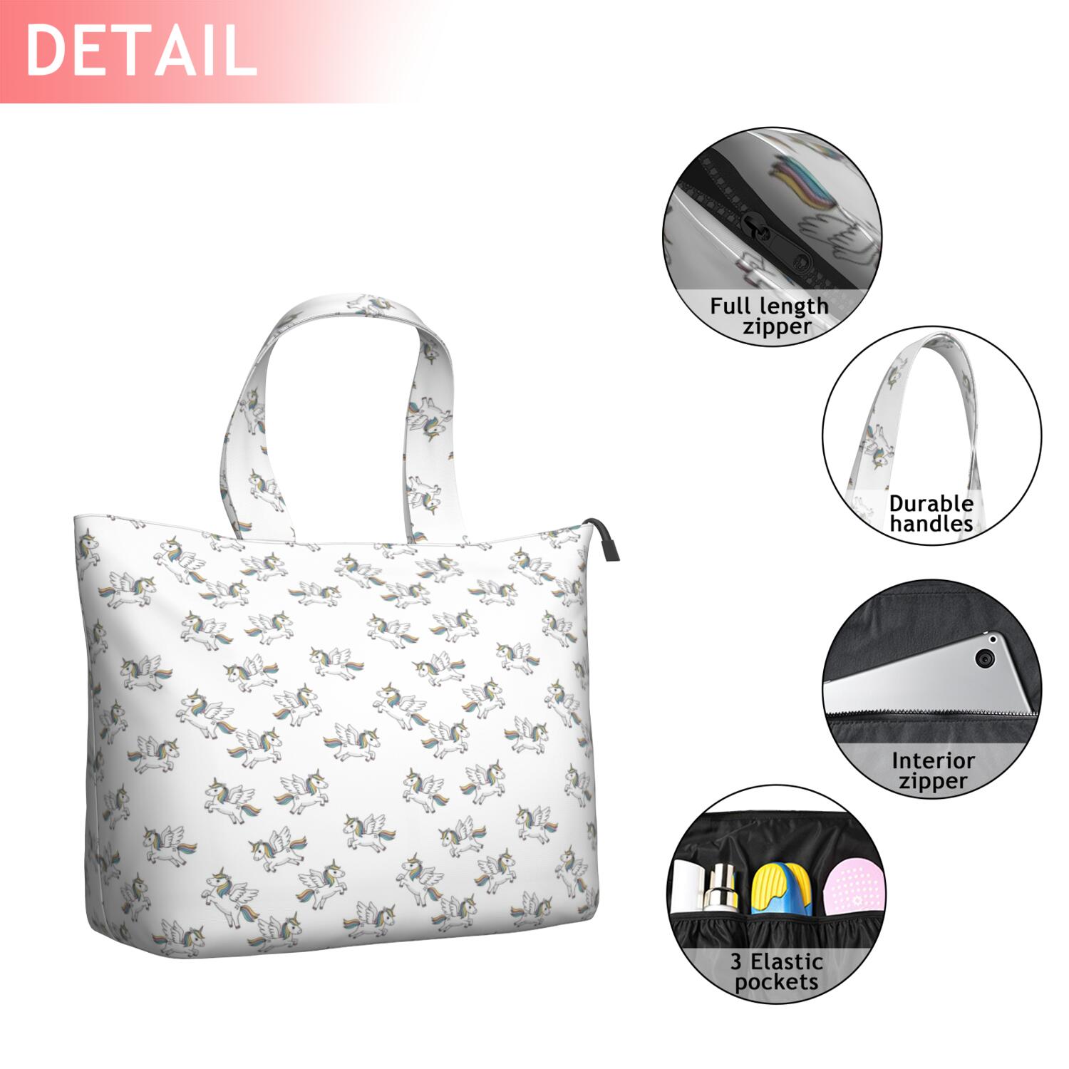White Cartoon Winged Unicorn Pattern Travel Tote Bags for Women Carry On,Large Weekender Bags for Women Travel,Multi Functional Duffle Bag for Work,Shopping,Sports