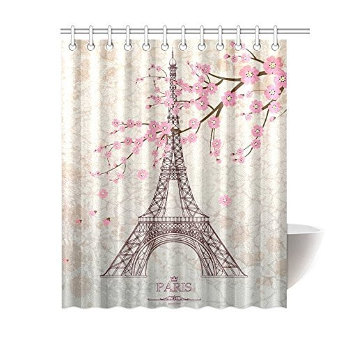 HelloDecor Vintage Floral Paris Eiffel Tower Shower Curtain Polyester