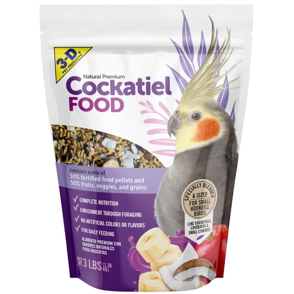 3-D Pet Products Natural Premium Cockatiel Bird Food, with 50% Fortified Pellets, 3 lbs, Dry