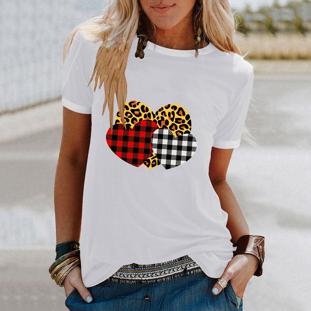 Summer Ladies Fashion Heart Printed Casual Tops Shirts Blouse Womens Short Crewneck Sleeve T Shirt