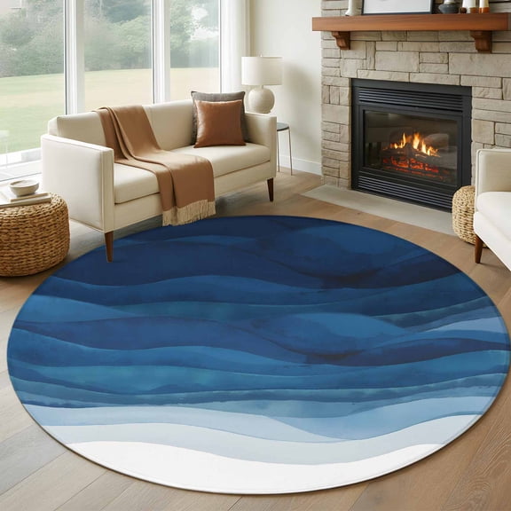 Round Rugs 5Ft, Navy Blue Ombre Round Area Rug Washable Indoor Throw Carpet, Modern Moire Gradient Watercolor Soft Non Slip Circle Rug for Cabinet Bathroom Home Decor Aesthetic