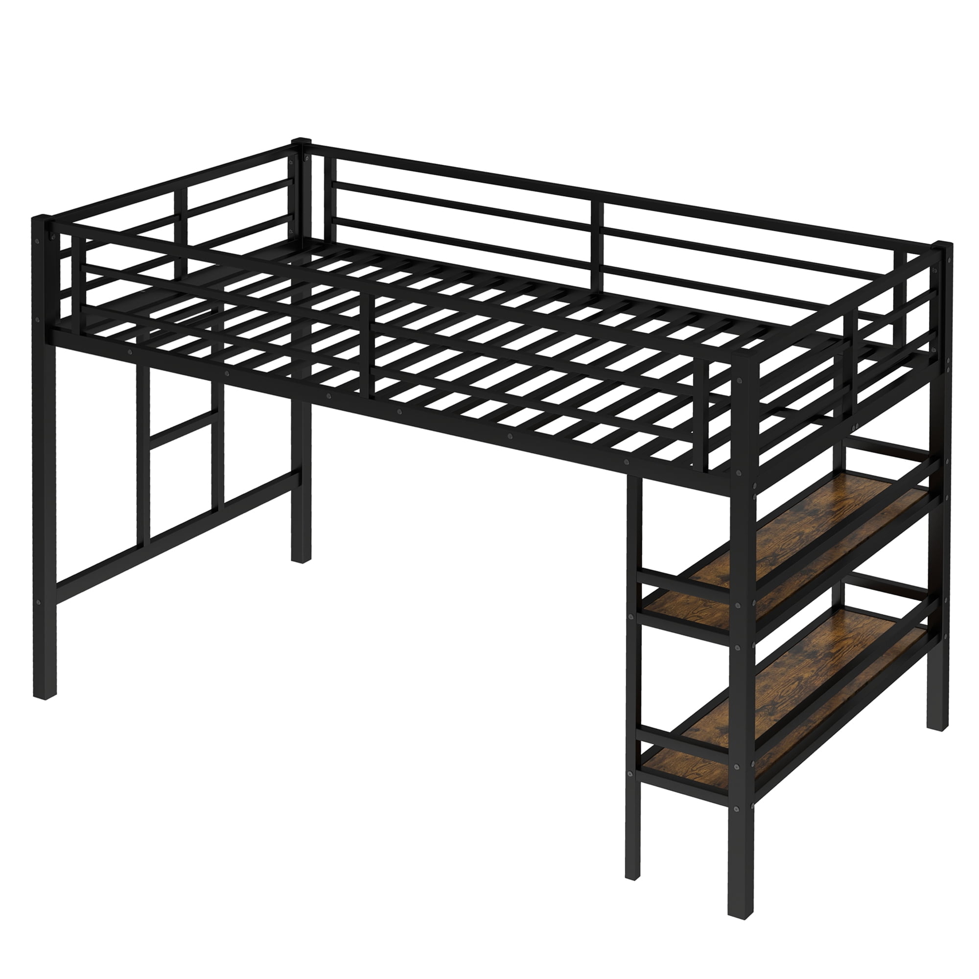 Miniyam Twin Metal Loft Bed with Ladder and Shelves and Guard Rails for Kids and Teens, Black