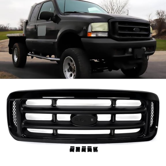 For 1999-2004 Ford F-250 F-350 F-450 Super Duty Gloss Black Front Bumper Grille