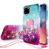 SPY Case for Apple iPhone 12 Pro Max Liquid Glitter Phone Case Cover Ring Kickstand/Neck Strap with Tempered Glass Screen Protector - Teal/Pink