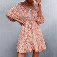 thumbnail image 4 of Robe Décontractée pour Femmes à Col en V Imprimé Élastique Manches Trois-Quarts Jupe à Lacets, 4 of 6