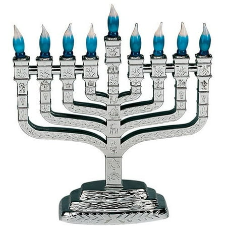 Electric Menorah The Knesset Silvertone Twelve Tribes with Blue Bulbs