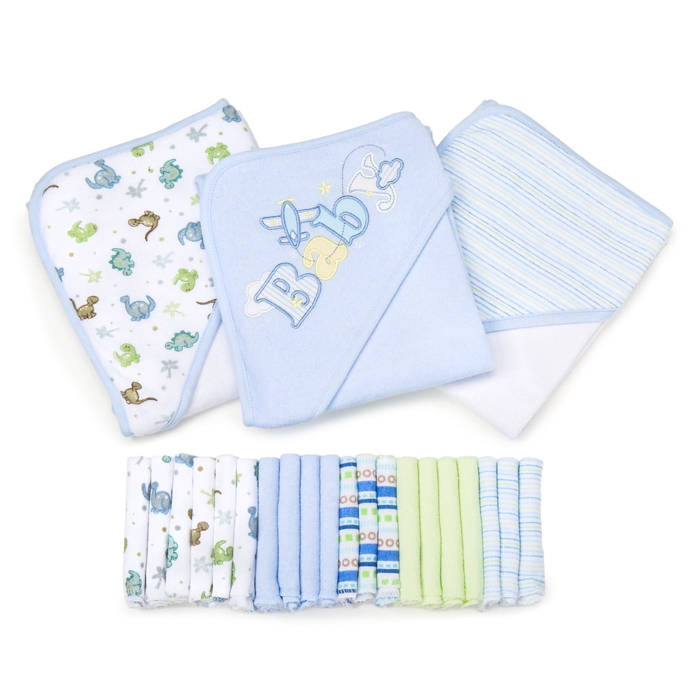Spasilk Bath Hooded Towels & Washcloths Set for Babies, 23-Piece Gift Set, Blue Baby