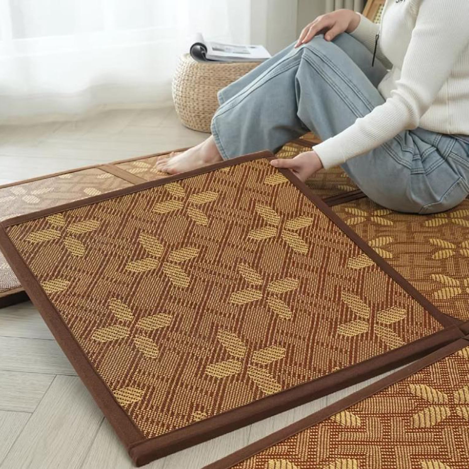 Summer Folding Tatami Floor Mat, Rattan Non-Slip Breathable Carpets, Thicken Crawling Mats for Living Room, Bedroom, Crawling Play Mat