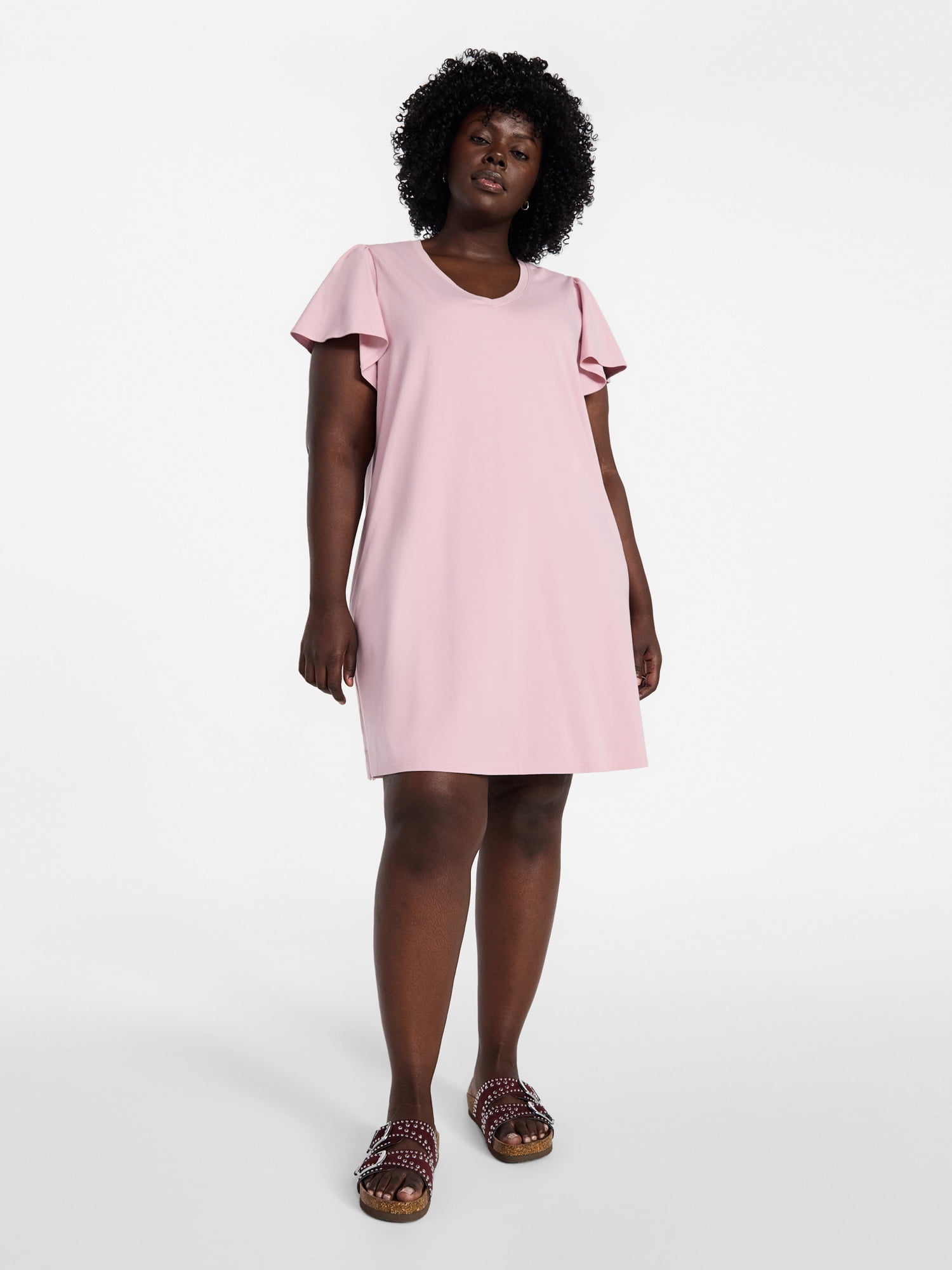 Terra & Sky Women's Plus Size V Neck Tee Dress with Flutter Sleeves, Size 0X-5X