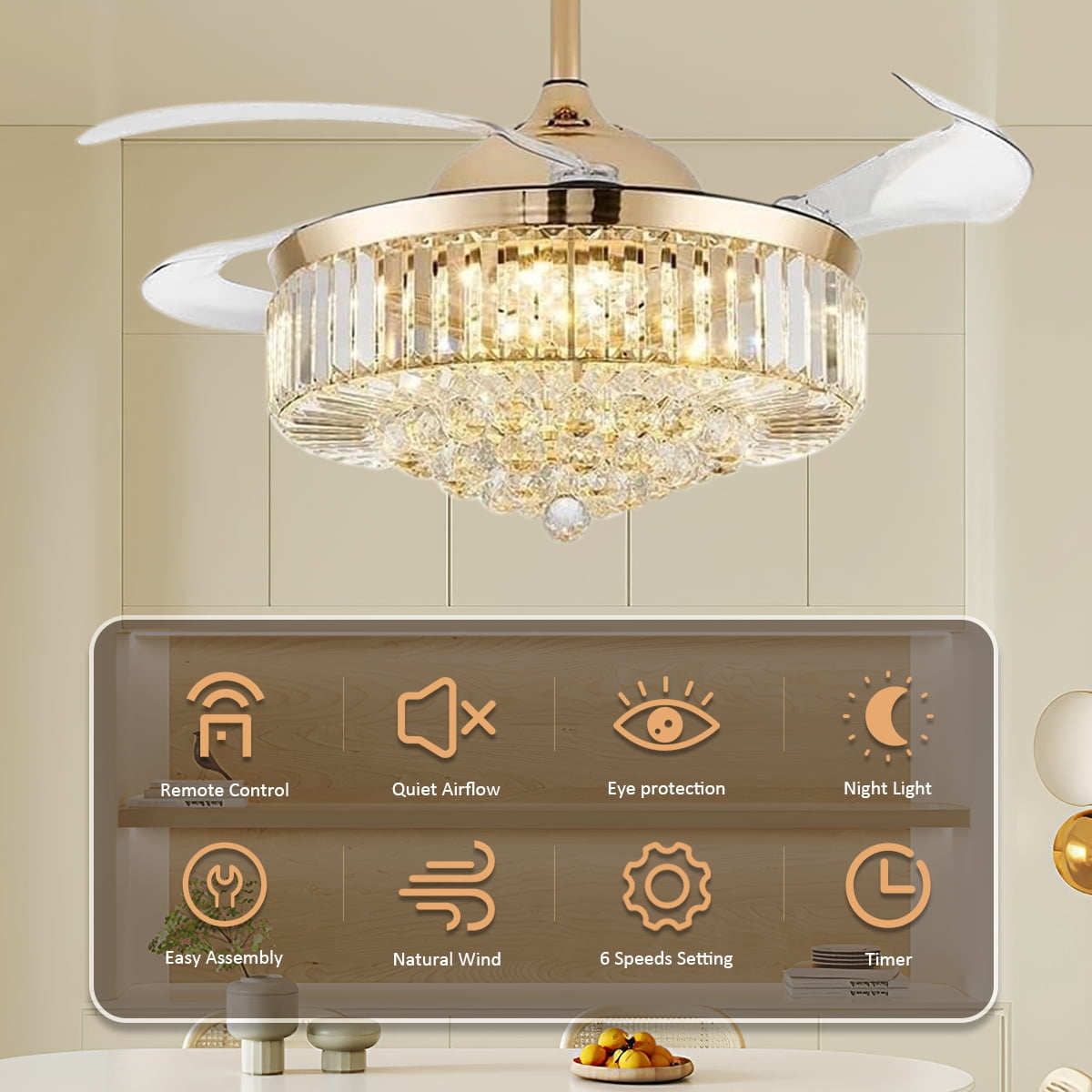Jacgood 42" Retractable Crystal Ceiling Fan with Light and Remote Control, 6-Speed Quiet DC Motor, Dimmable LED Fandelier for Bedroom and Living Room, Gold Finish
