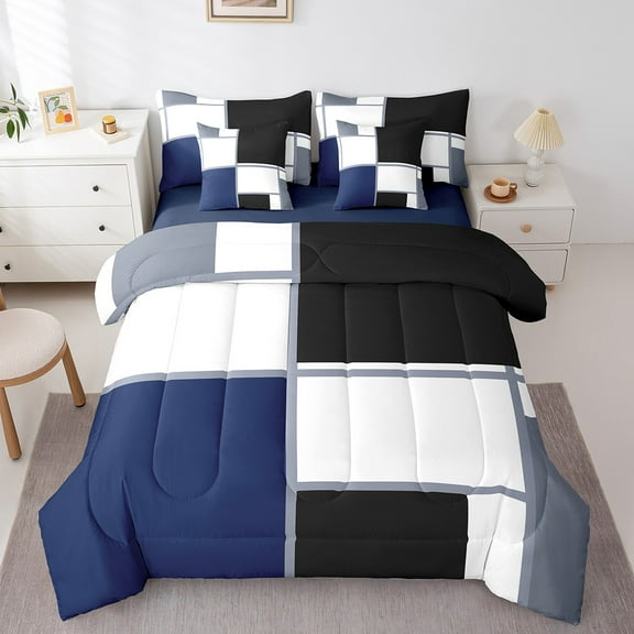 Erosebridal Teenager Geometric Sqare Bedding Sets Twin Size,Blue White Comforter Sets with Sheets,Abstract Decoration,Reversible,Lightweight,7-Piece