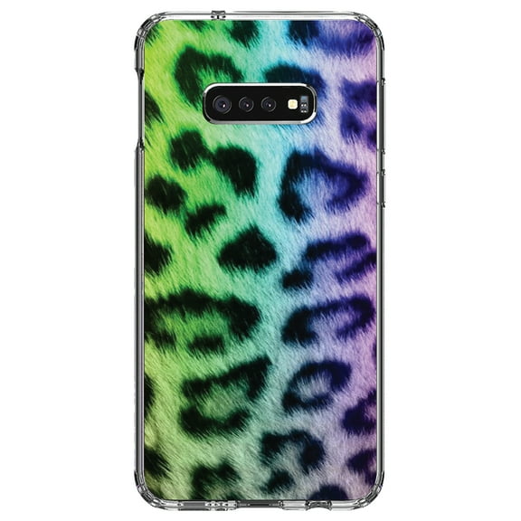 DistinctInk Clear Shockproof Hybrid Case for Samsung Galaxy S10e (5.8" Screen) - TPU Bumper, Acrylic Back, Tempered Glass Screen Protector - Rainbow Leopard Cheetah Fur Print