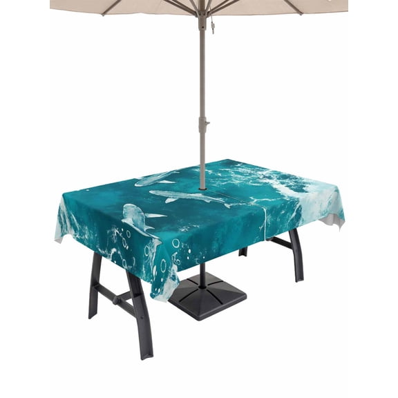54x80 Inch Outdoor Tablecloth with Umbrella Hole Zipper Rectangle Teal Green Ocean Shark Rectangular Tablecloths Outside Waterproof Coastal Wave Summer Beach Patio Table Cloth Cover for Picnic Party