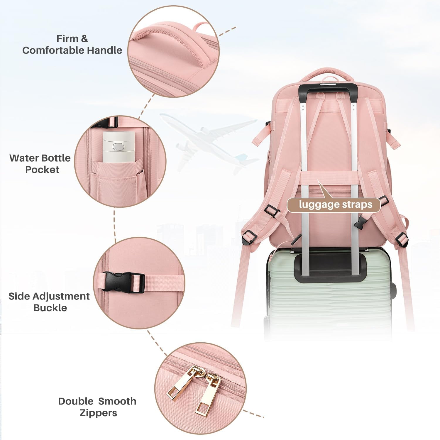 Travel Backpack For Women And Men, 40L Flight Approved Carry On Bag, Water Resistant Large Casual Daypack Fit 17 Inch Laptop with USB Charging Port, The Best Gift Choice, Pink