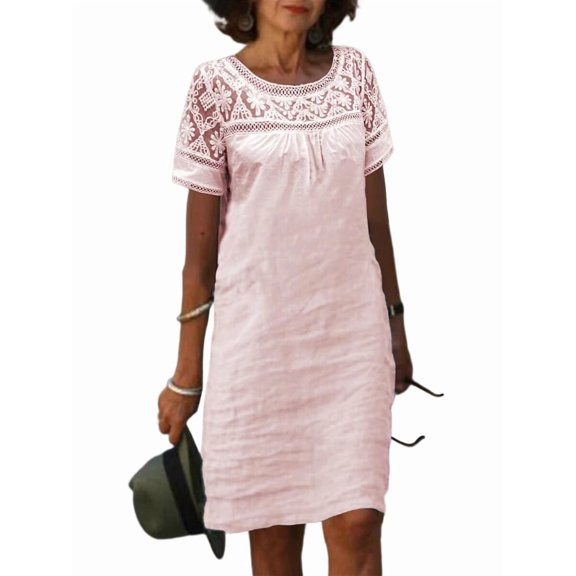 Women'S Dresses Lace Hollow Patchwork Summer Loose Short Sleeve Crew Neck Dress Pink L