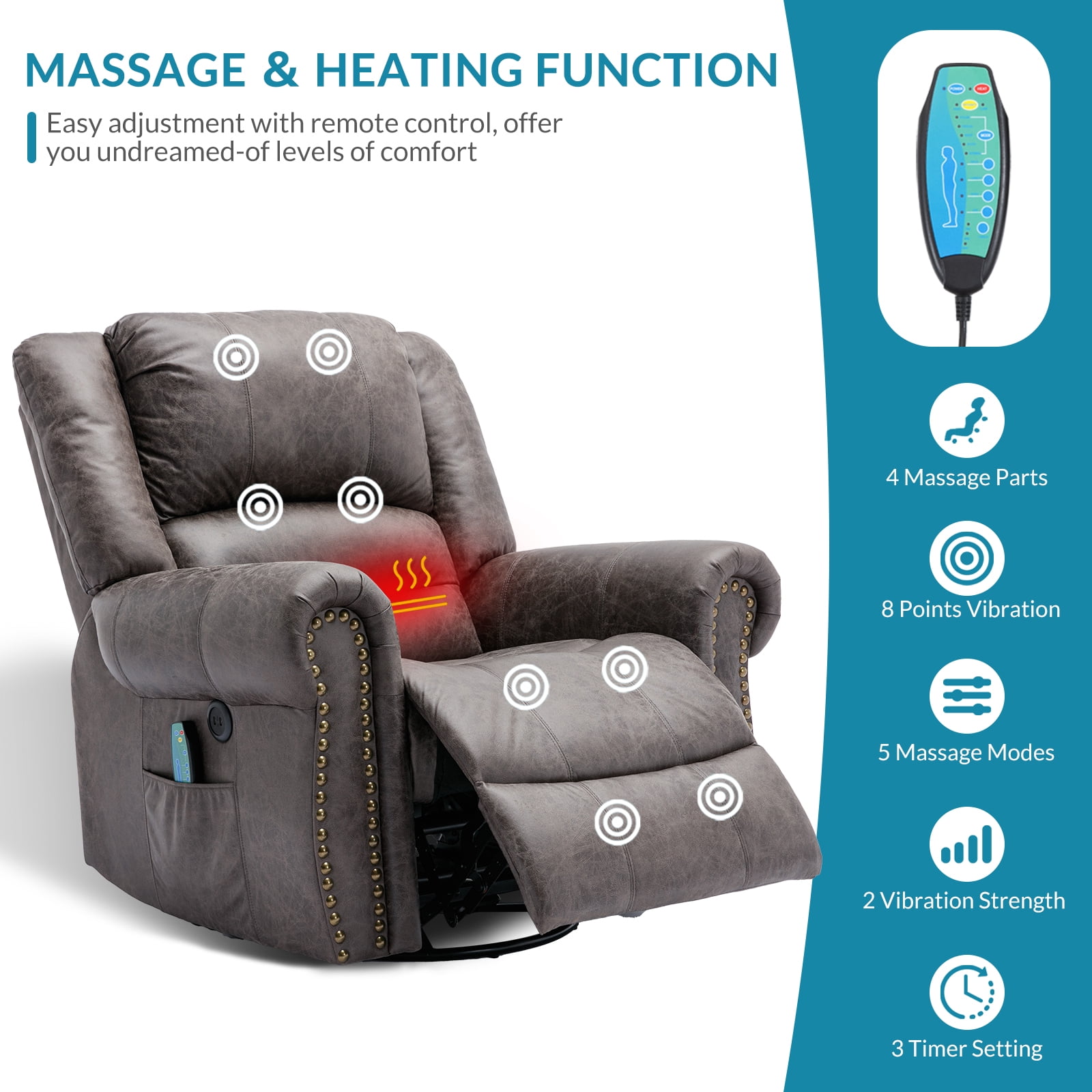 OUINCH Bronze Suede-Like Fabric Swivel Glider Rocker Recliners with Massage and Heat, Grey