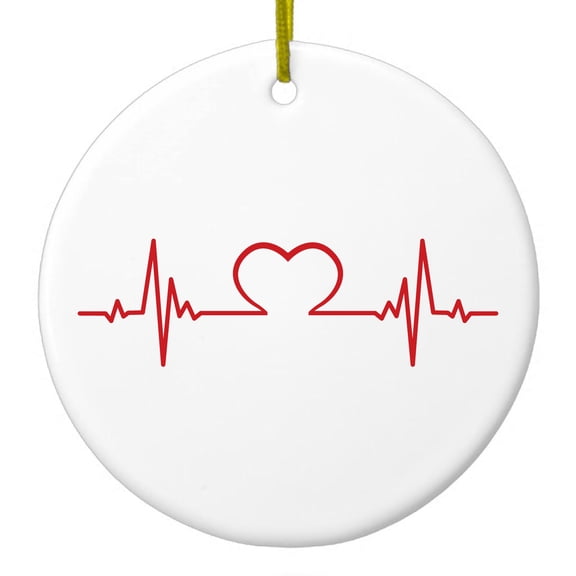 DistinctInk Hanging Ceramic Christmass Tree Ornament with Gold String - Great Gift / Present - 2 3/4 inch diameter - Heart Pulse EKG Red Valentine