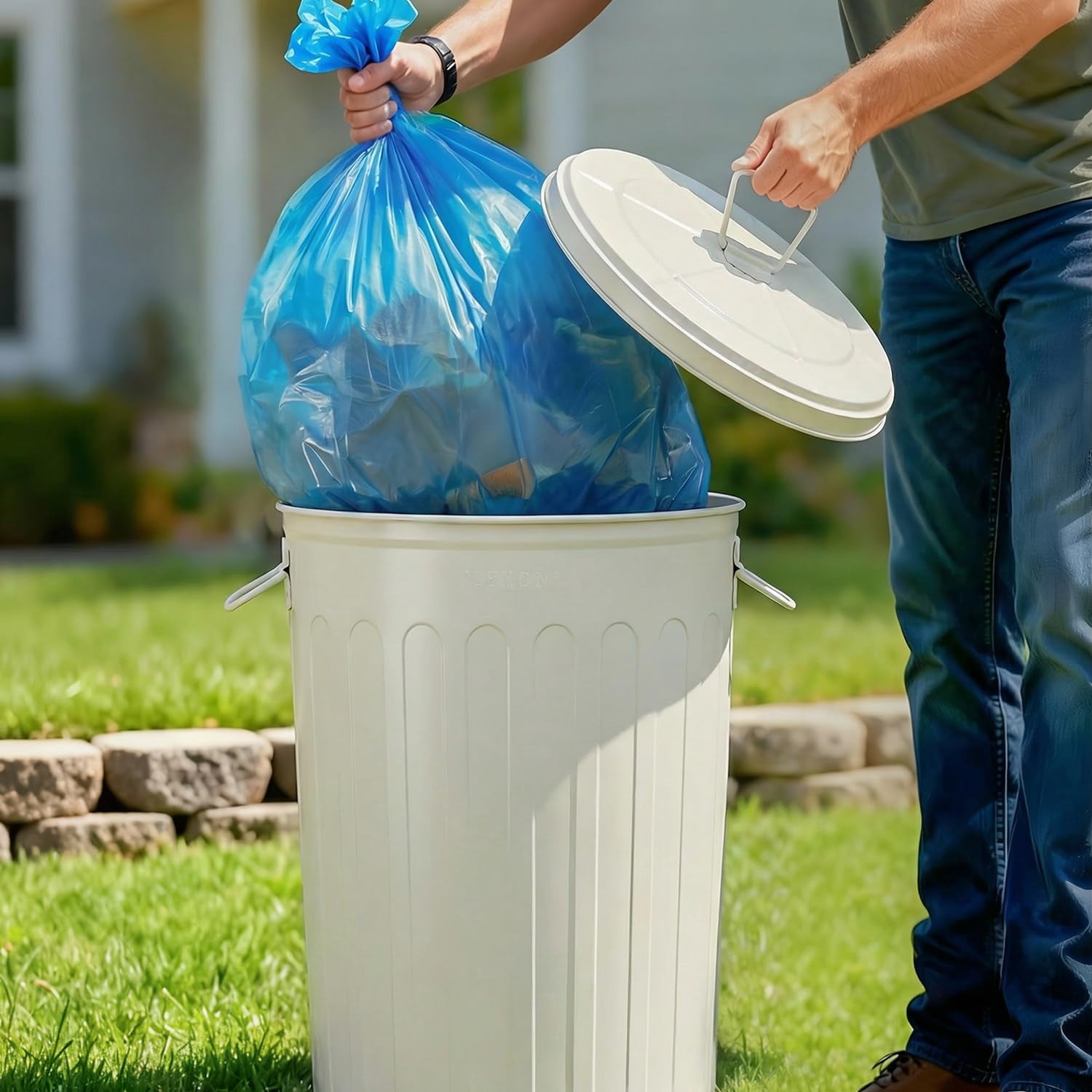 Plexon Large Metal Trash Can with Lid 20 Gallon, Decorative Outdoor Trash Can, Heavy Duty Galvanized Metal Bucket with Lid for Kitchen Garage Farmhouse, Beige