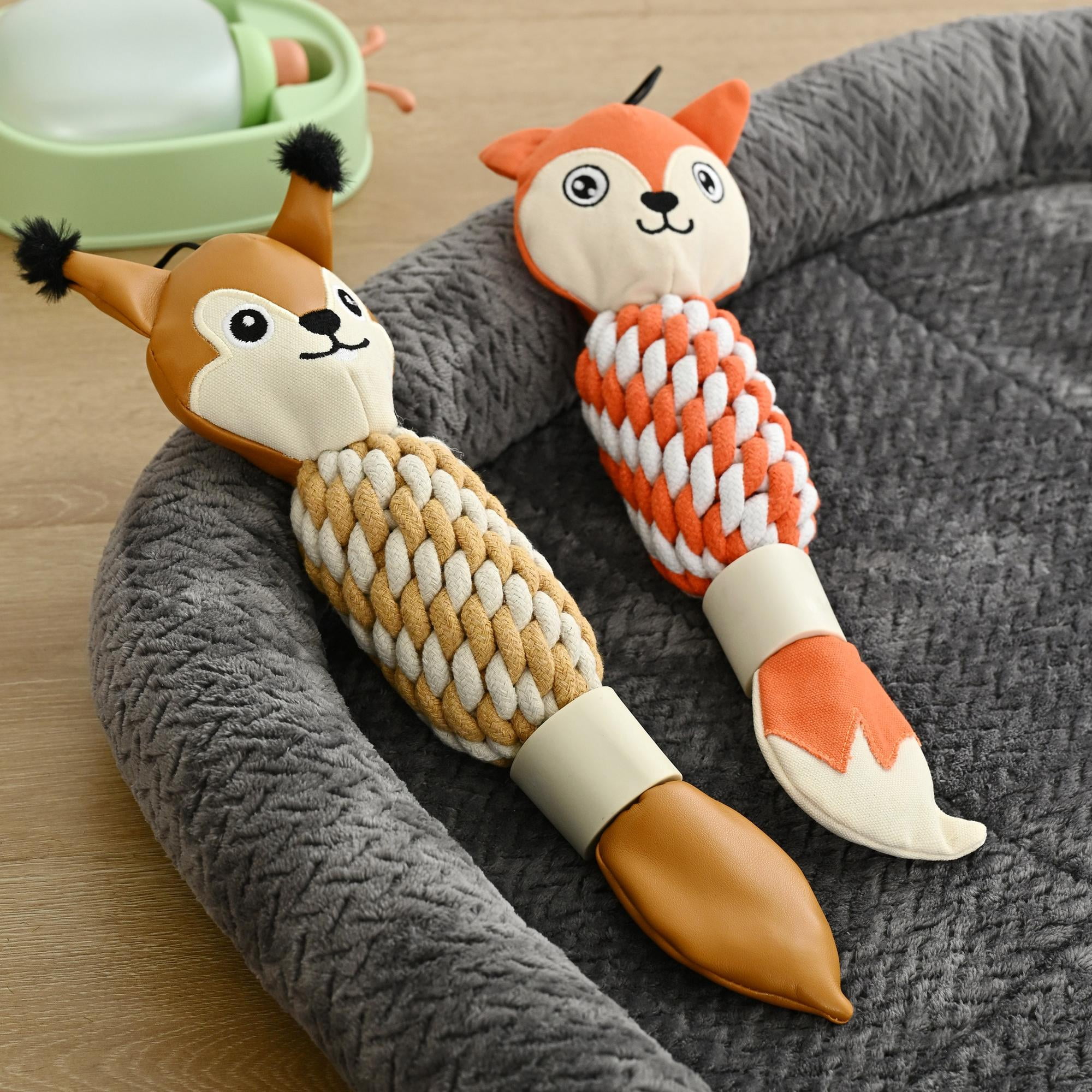 Max & Marlow Dog Chew Toys, Cotton Rope Fox Toys with Built-in Large Squeaker and Nylon Bone, 2 Pack