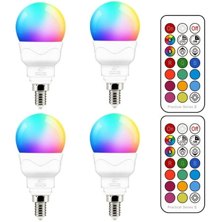 

iLC E12 LED Light Bulbs (40w Equivalent) 5W Color Changing RGB A15 Small Base Candelabra Round Light Bulb Candle Base 2700K Warm White 12 Colors 2 Modes Timing with Remote Control (4 Pack)