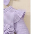 thumbnail image 5 of Kucnuzki Newborn Baby Girls Dress Fall Winter Romper Dress Ruffle Long Sleeves One-piece Dress Solid Color Bow Knit Overalls Tulle Dress with Headband Purple NB, 5 of 7