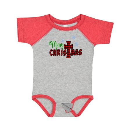 

Inktastic Merry Christmas Buffalo Plaid Cross with Snowflakes Boys or Girls Baby Bodysuit