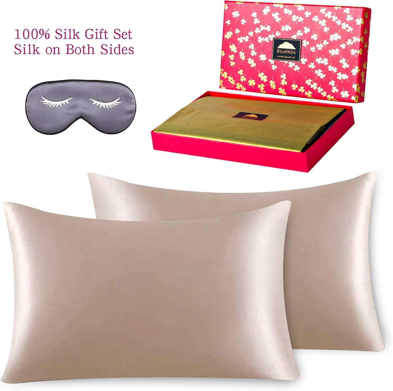Luxury Gift Set -  Pure  Natural Soft Both Sides Silk Pillowcase 2 Pack for Hair and Skin Hidden Zipper & 1 Pure Silk Eye Mask Gift Box 3 Piece Set Bronze Gold  Size Q015