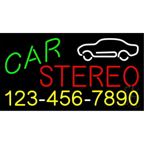 Car Stereo with Phone Number LED Neon Sign 13 x 24 - inches, Clear Edge Cut Acrylic Backing, with Dimmer - Bright and Premium built indoor LED Neon Sign for Computer & Electronics store decor.