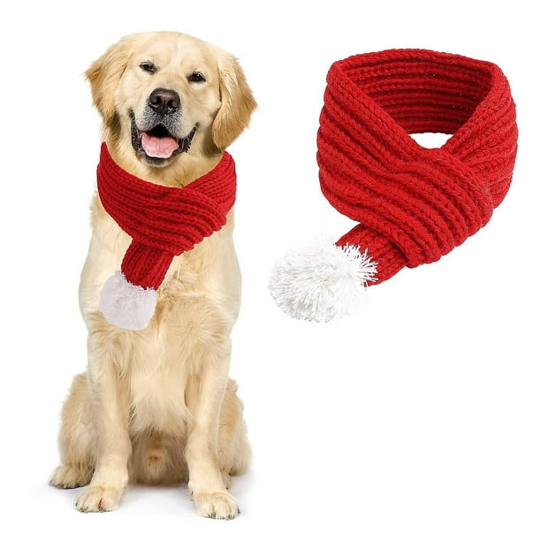 L Bufanda navideña para perro, gato, Papá Noel, bufanda tejida de invierno para perro, calentador de cuello de invierno para mascotas, disfraz con bola de pompón blanca