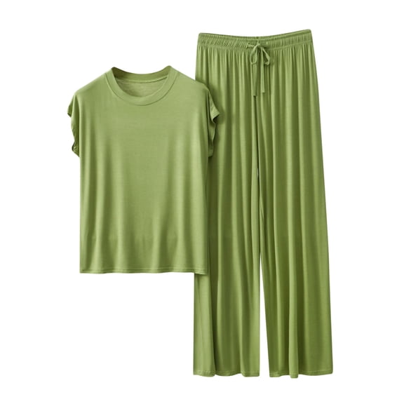 QQAMB Womens Lounge Sets 2 Piece Outfits Short Sleeve V-Neck Summer Top Elastic Waist Wide Leg Pants Tracksuit Outfits Mint Green M