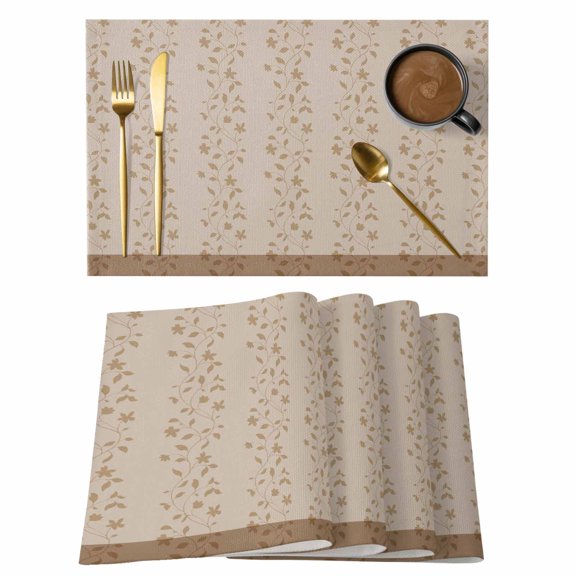 Pink Brown Floral Placemats Set of 4, Spring Flowers Placemats for Dining Table, Place Mats for Kitchen Tabletop, Waterproof Wipeable Dining Table Mats Set