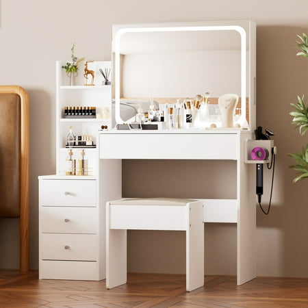 Euroco Modern Mini Dressing Table with LED-lit Mirror & Hidden Storage Multi-tier Dust-proof Shelves,Includes Padded Stool Adjustable Brightness Vanity Desk