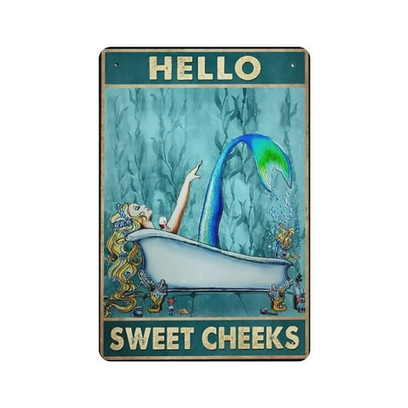 Mermaid tin sign - Cheeks tin sign, Mermaid Bathroom Wall Art, Mermaid Drinks Wine Print, Vintage Mermaid Restroom ,Retro style, farmhouse decoration, home, bar,garage, tin sign 5.5x8 inches